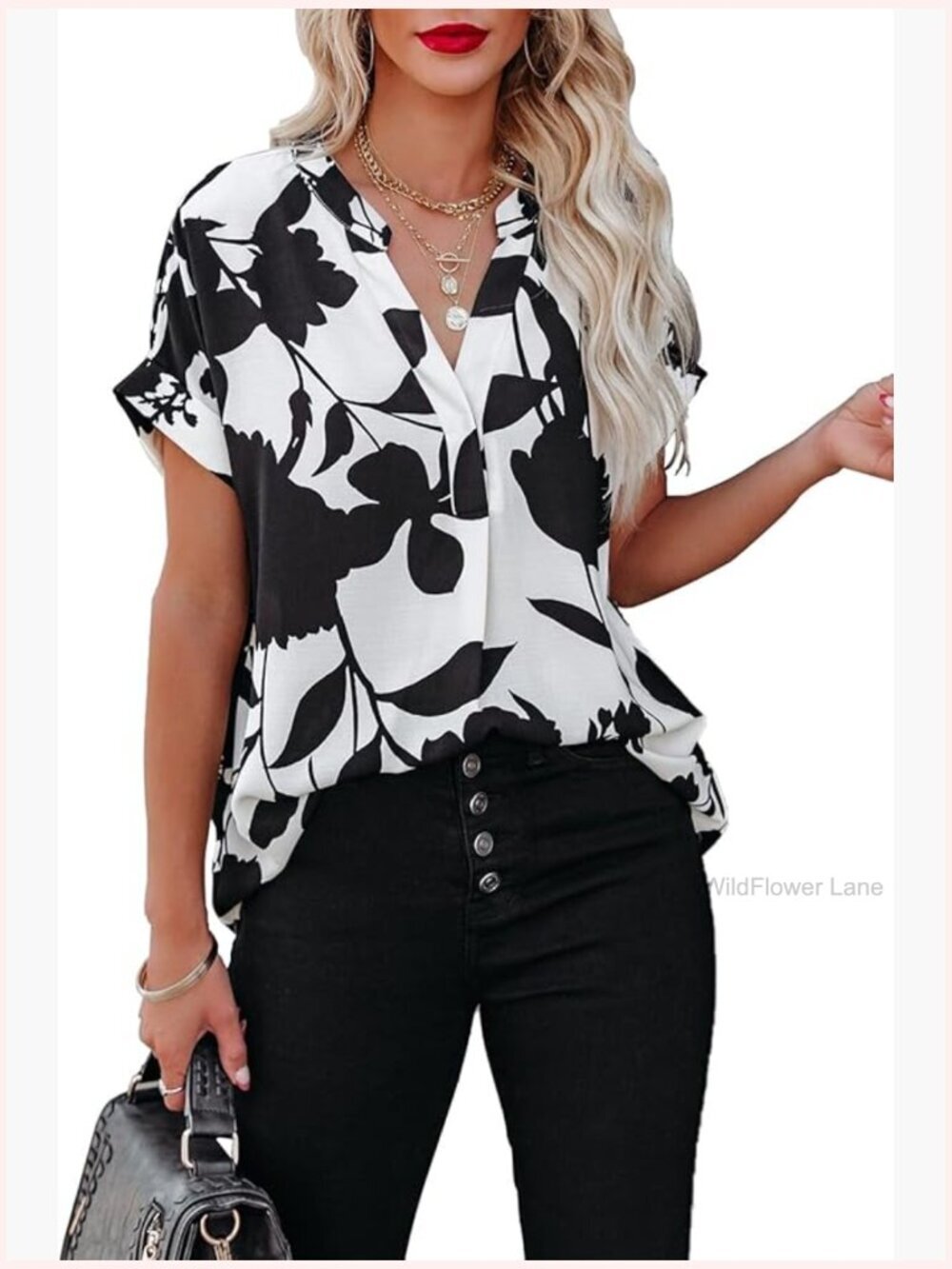 Women's Chiffon Tunic Blouse Short Sleeve V-Neck Loose Pleated